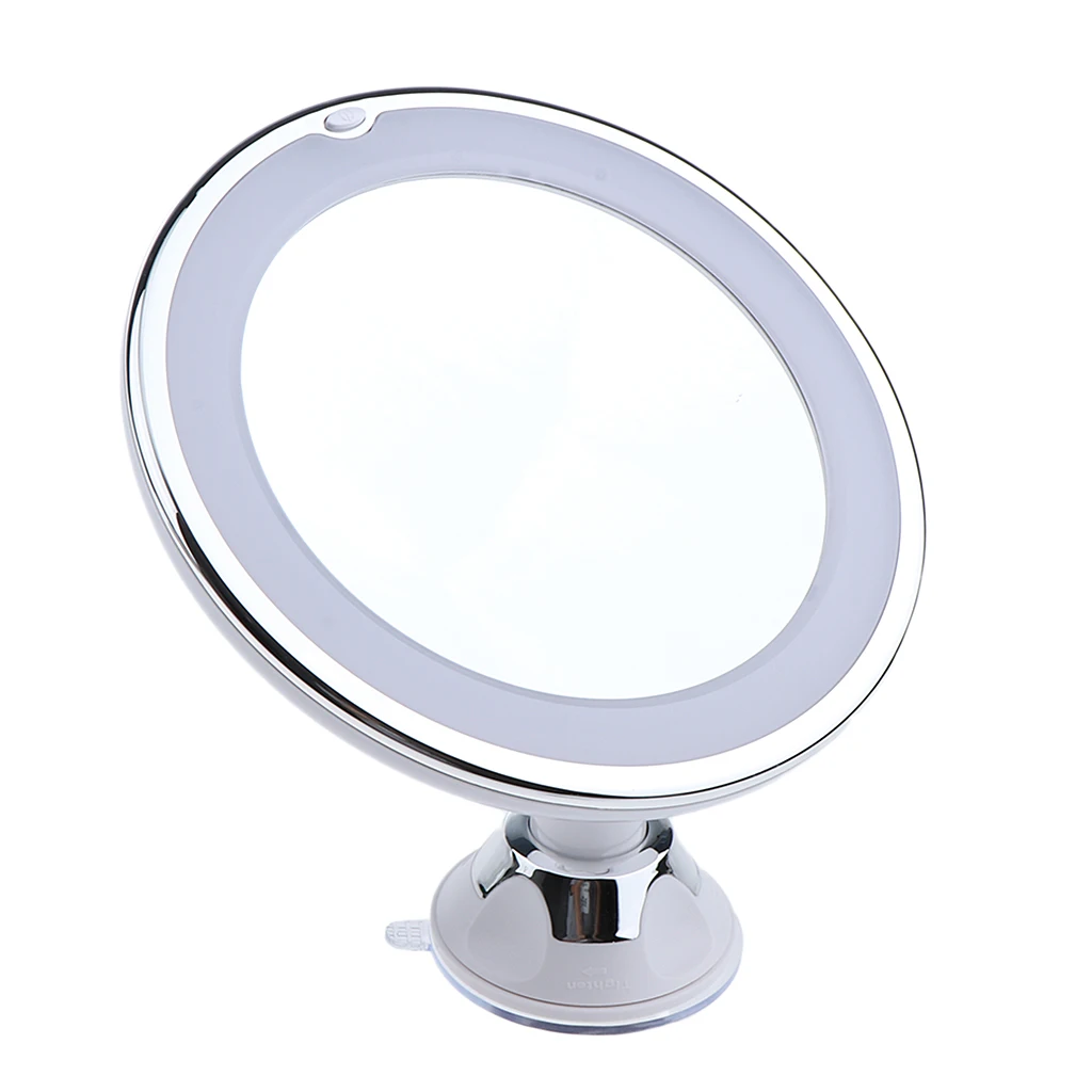 Round LED Lighted 10X Magnifying Makeup Mirror, Power Locking Suction Cup, 360
