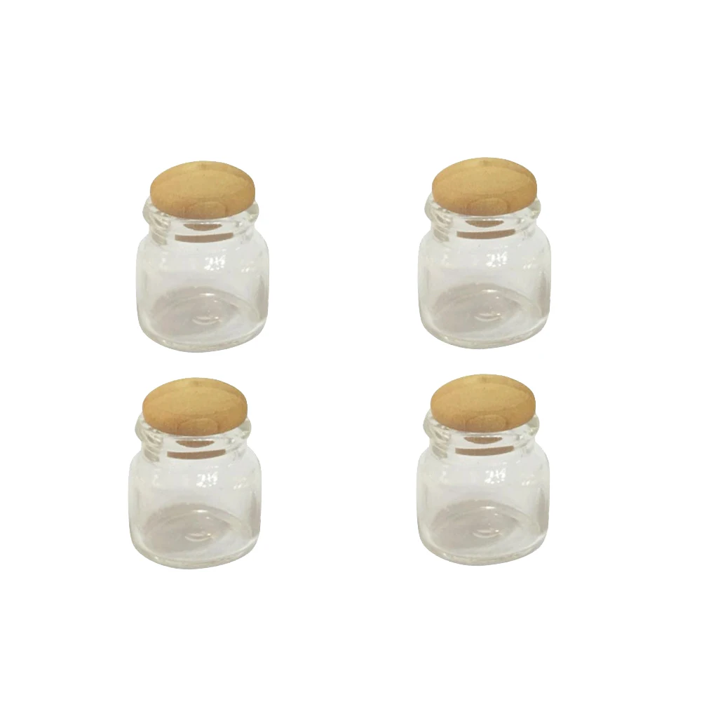 4p Glass Storage Jar Wooden Lid Dolls House Miniature Kitchen Accessory 1:12