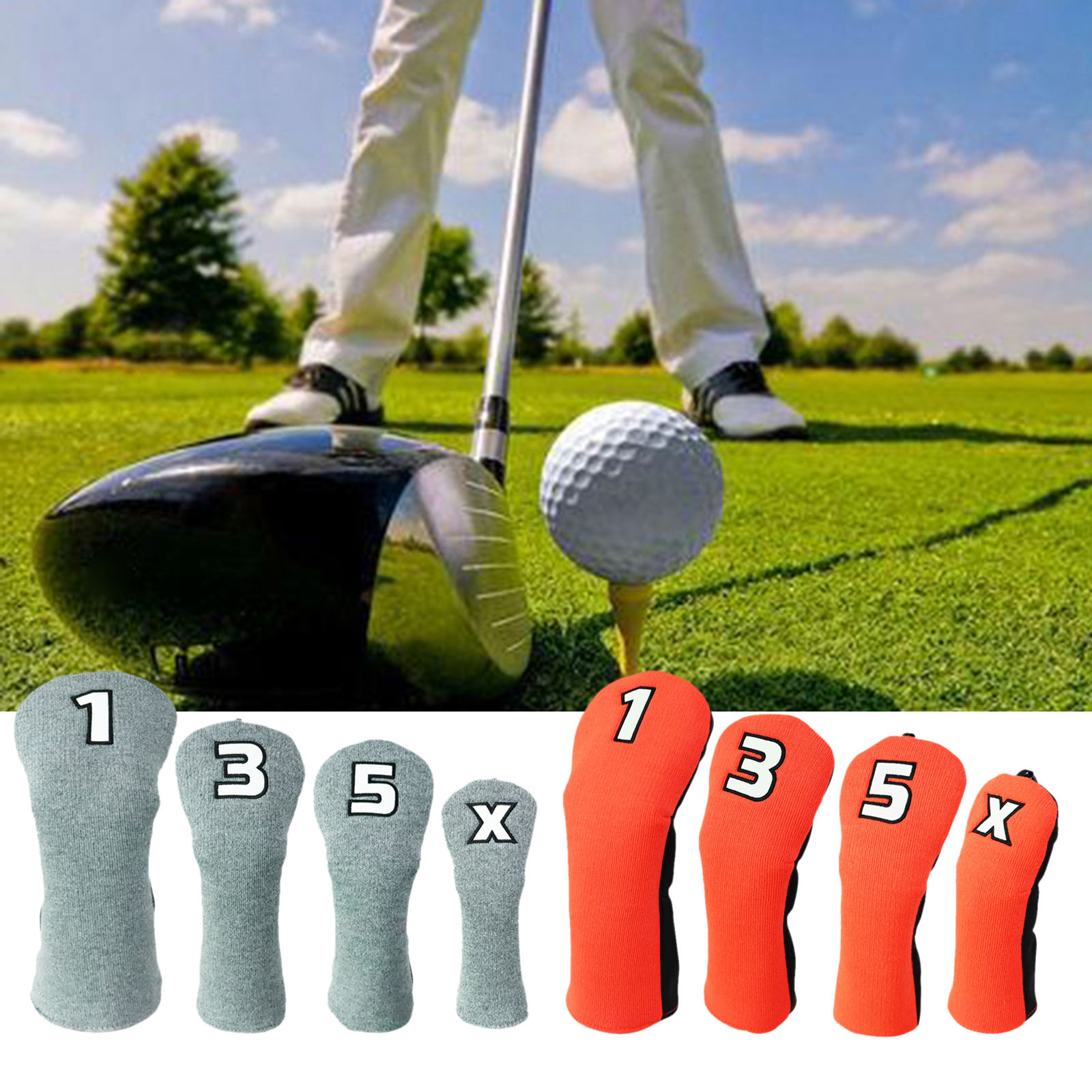 Golf Club Head Covers for Fairway Woods Driver Hybrids, Big Number Long Neck Golf Club Headcovers with Elastic Closure