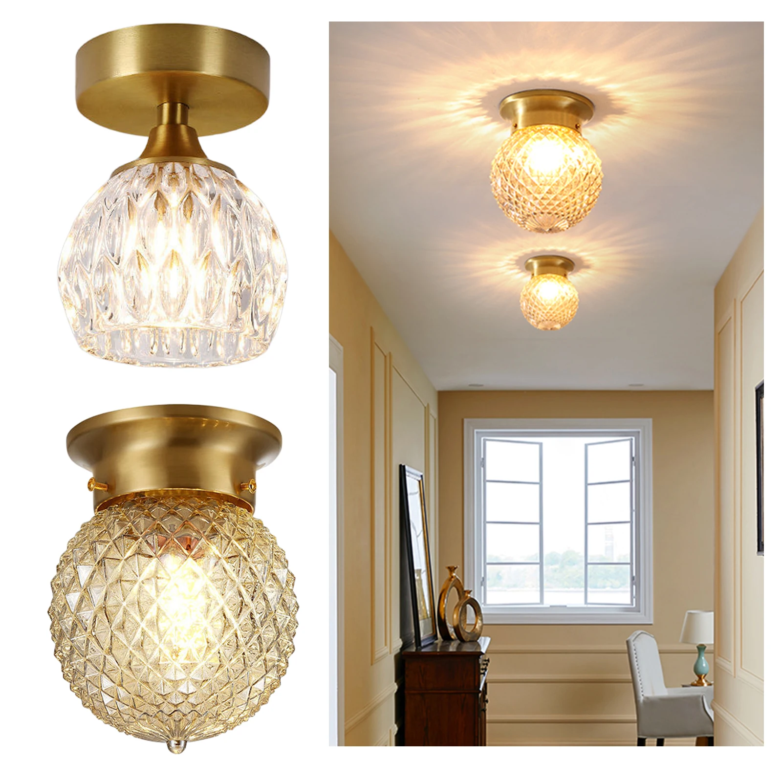 Semi Flush Mount Ceiling Light Glass Shade Brushed Gold Modern Indoor for Bathroom Hallway Cafe Porch Hall
