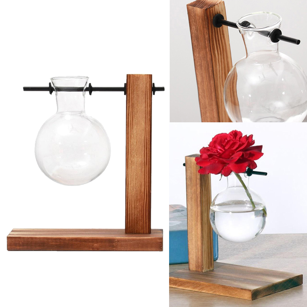 Desktop Plant Terrarium Glass Planter Bulb Vase Retro Wooden Stand Home Decor