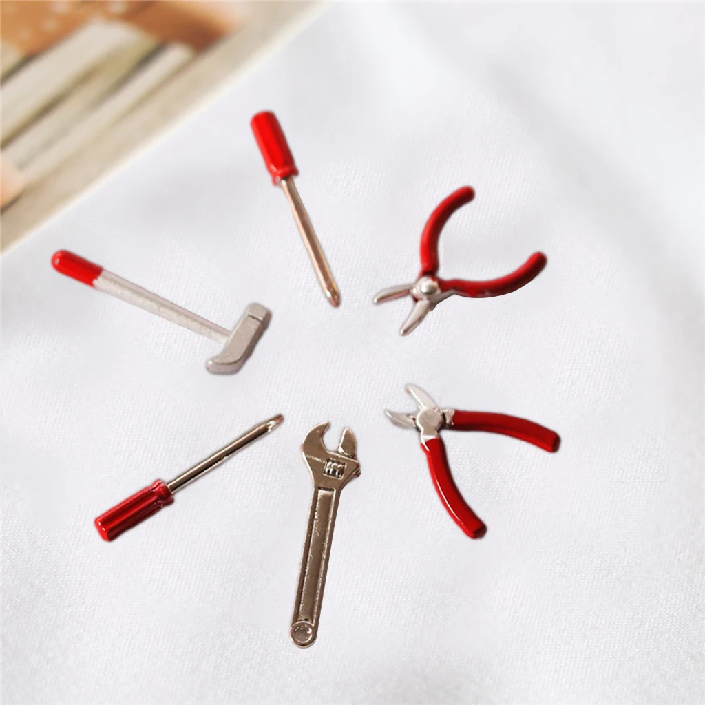 Simulation 1/12 1/6 Doll House Repair Tools Kit Doll House Furniture DIY Hammer Wrench Ornament Gifts for Kids Boys Girls