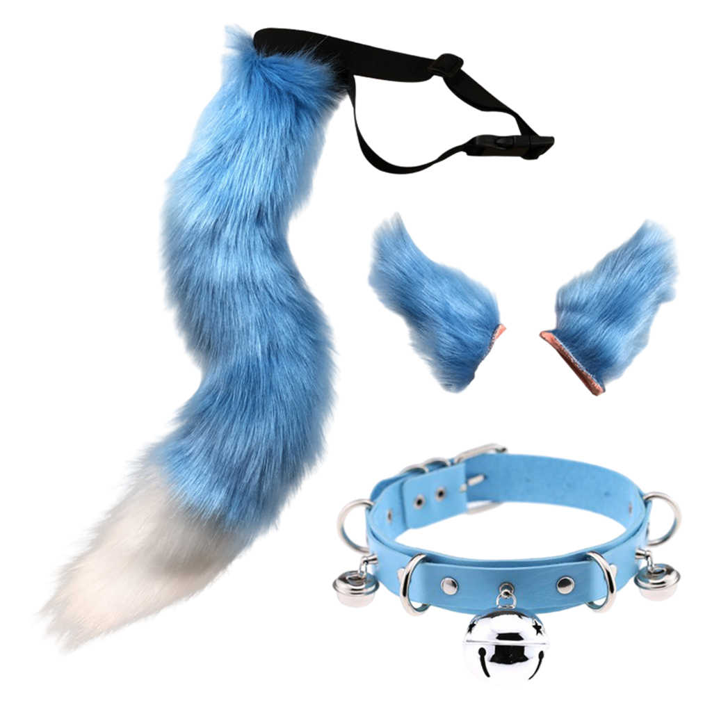 Faux Fur Cat Ears Hair Clip Furry Wolf Fox Tail Halloween Bell Leather Neck Chocker Cosplay Set