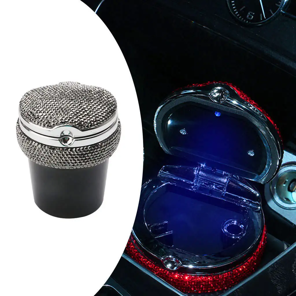 Car Ashtray with LED Interior Vehicle-Mounted Washable Rhinestones Decoration Auto Ashtray Fit for Dashboard Cup Holders Travel