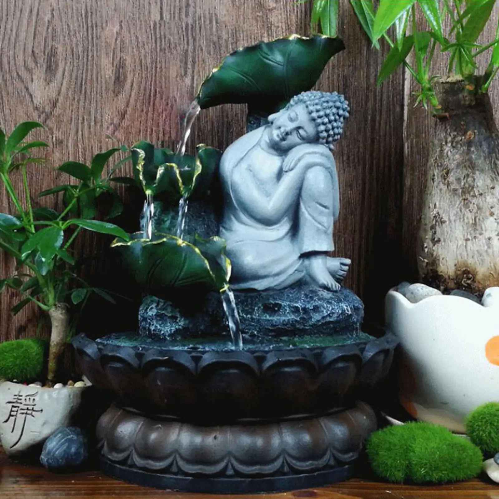 Buddha Tabletop Water Fountain Decoration Landscape Resin Feng Shui Sculpture Running Water with Light Water Feature for Desk