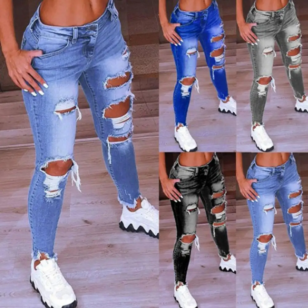 Ele-choices S-3XL Fashion Women Jeans Low Waist Hip Lift Ripped Holes Skinny Denim Pencil Pants Trousers for Work Daily cargo pants