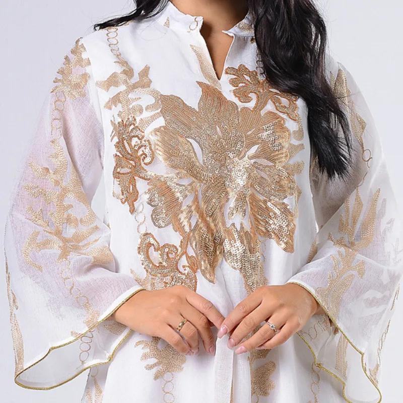 african fashion designers Sequins Embroidered Abaya Dress For Women Moroccan Kaftan Turkey Arabic Jalabiya White Islamic Ethnic Robe 2021 Eid New african attire for women