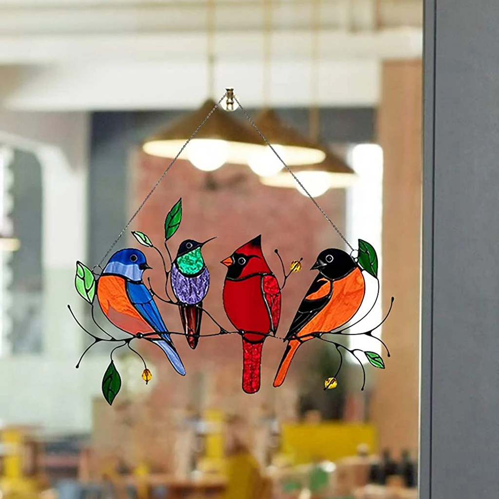 Hummingbirds Birds on a Wire Stained Glass Window Hanging Acrylic Panel  Outdoor Garden Home Decor Ornament Gift