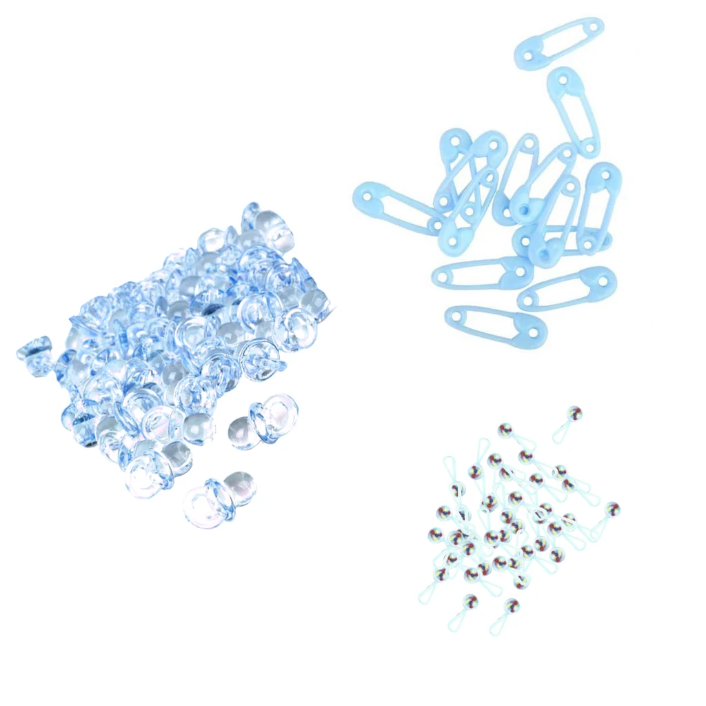 150pcs Blue Mini Rattles Safety Pins Pacifier Charms Table Scatters Decoration Christening Baby Shower Supplies