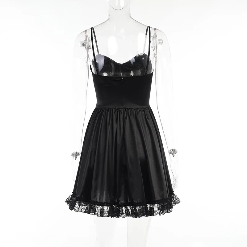 y2k Kawaii Lolita Black Mini Dress Retro Lace Patchwork High Waist Bandage Corset A-line Dress E-girl Gothis Emo Alt Clothes