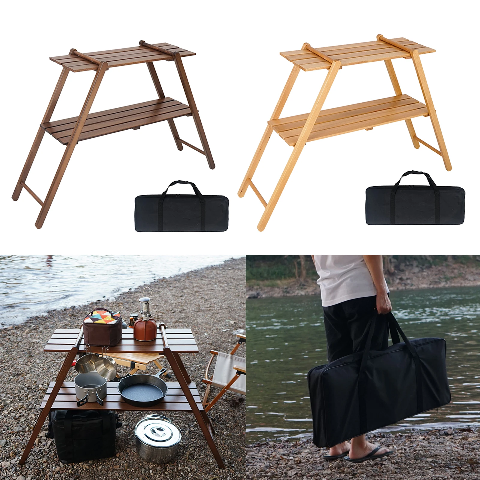 Outdoor 2 Layer Storage Stand Portable Foldable Multi-layer Shelf Camping Picnic Folding Table Hiking Picnic Bamboo Tool Rack
