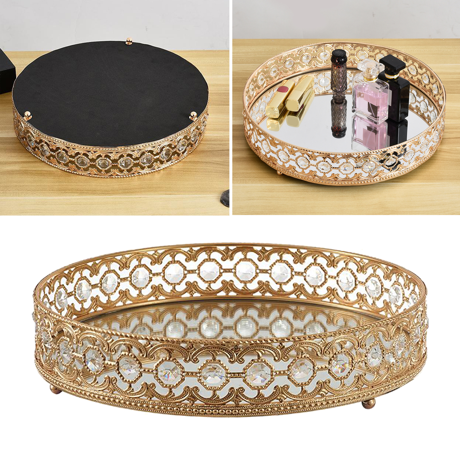 Crystal Cosmetic Mirrored Makeup Tray Perfume Trinket Cake Display Dresser Home Decor
