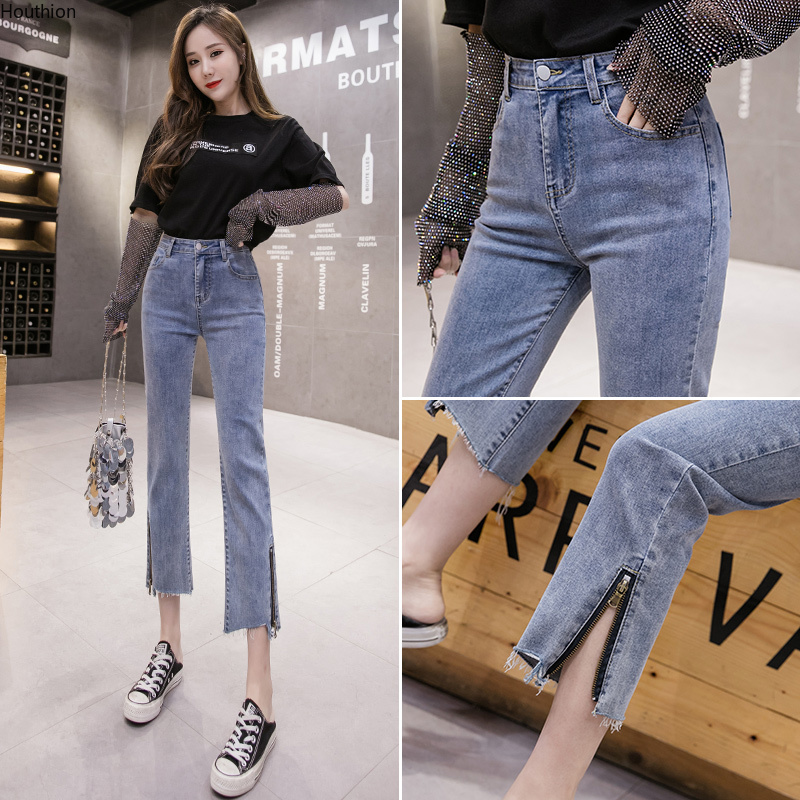 Calças de Brim Femininas de Cintura Houthion Novo Alta Sólida Bolso Reto Moda Verão Coreano Casual Zíper Abertura Calças Elásticas Cor 2 Moda Feminina
