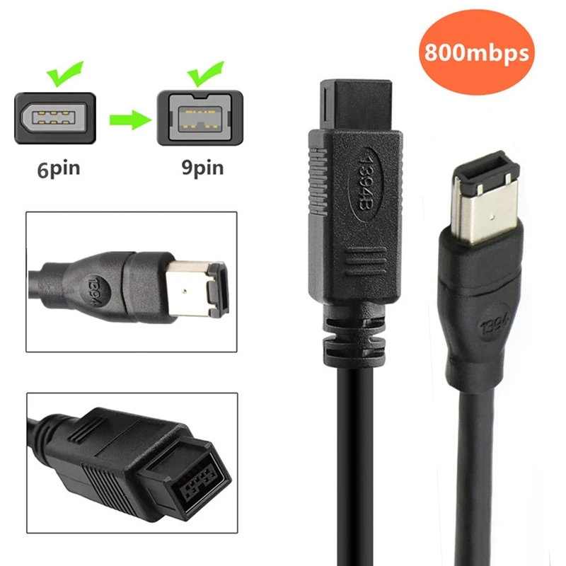 Premium Firewire Cable 800 IEEE1394B 6Ft Balck 9 Pin to 6 Pin Male to Male 1.8M
