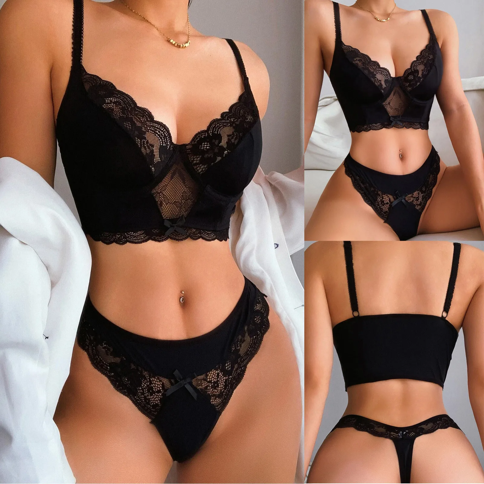 Ruffle Lace Lingerie Sexy Exotic Set Women's Underwear Transparent Short Skin Care Kits Sexy Lace Bra Brief Sets Erotic Intimate black lace underwear set