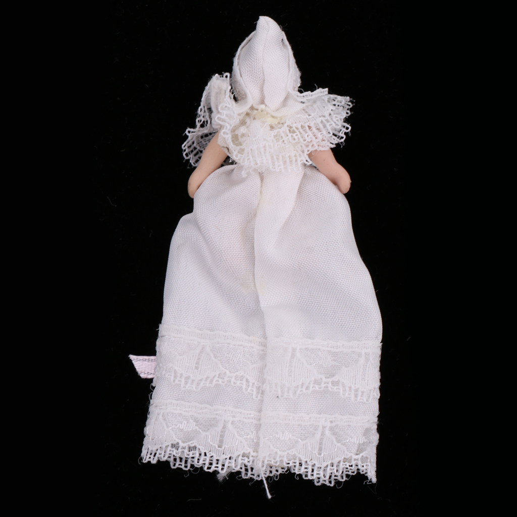 1/12 Scale Dollhouse Miniature People Figures Porcelain Baby Toddler Doll in White Lace Dress Rooms Accessories