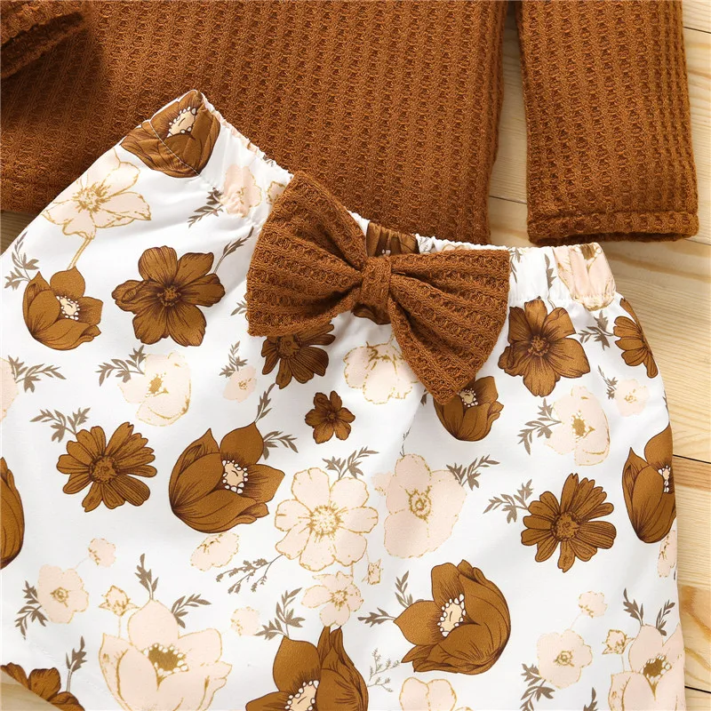 sun baby clothing set 3Pcs Kids Summer Tracksuit Girls Solid Color Round-Neck Long Sleeves Tops Floral Skirt Headband Baby's Clothing Sets 3-24 Months Baby Clothing Set comfotable
