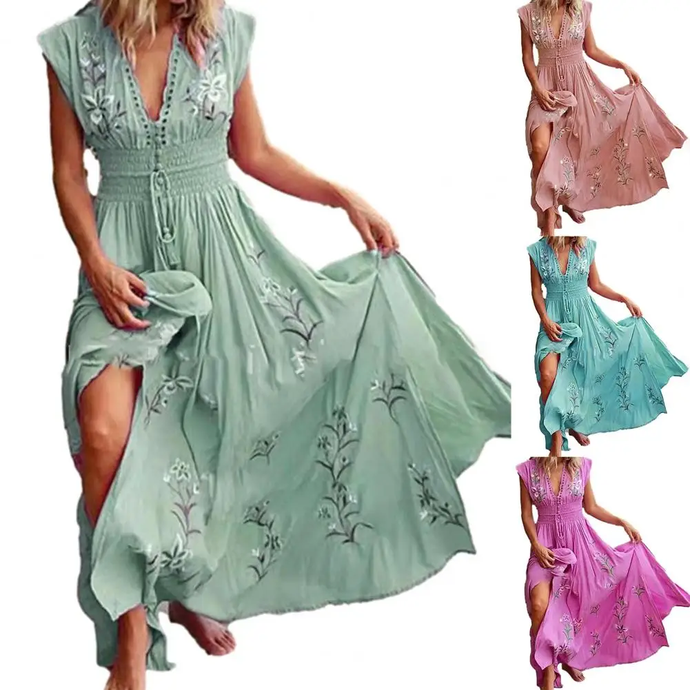 Hot Sale Elegant Vintage Women Maxi Dress Sleeveless V Neck Floral Print Large Hem Long Polyester Dress for Party Dating Daily purple dress
