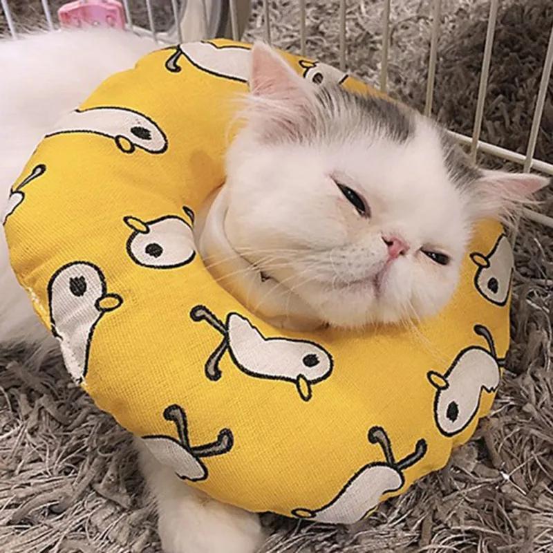 Un gato que lleva un collar amarillo con un patrón de caras de dibujos animados. El gato parece estar descansando o durmiendo y está acostado sobre una superficie que parece un material suave y esponjoso, posiblemente una cama o una manta.