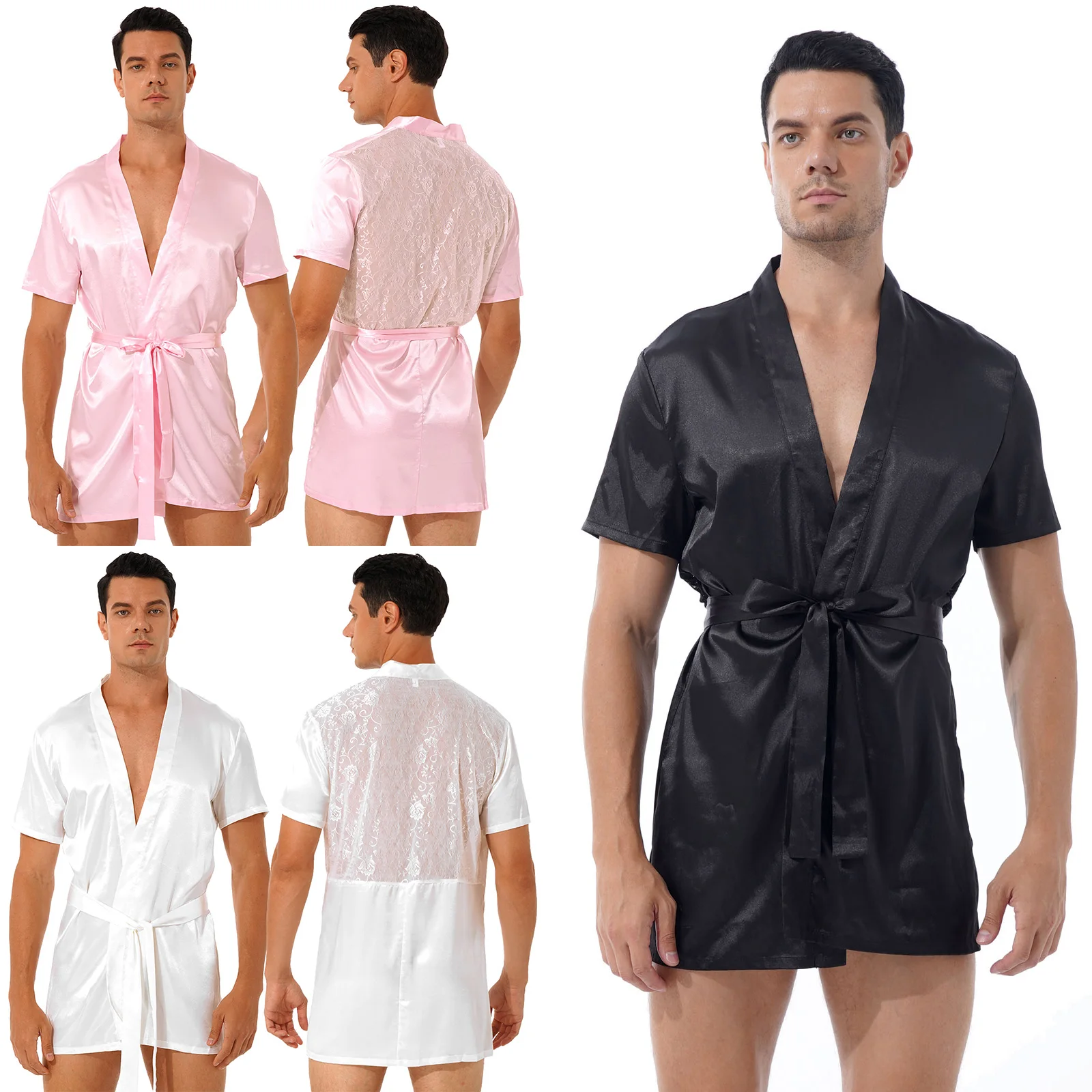 mens pjs sale Adults Men Black Lounge Sleepwear Nightwear Silk Pajamas Sets Men Comfort Silky Bathrobes Noble Dressing gown Men's Sleep Robes mens silk pajama set