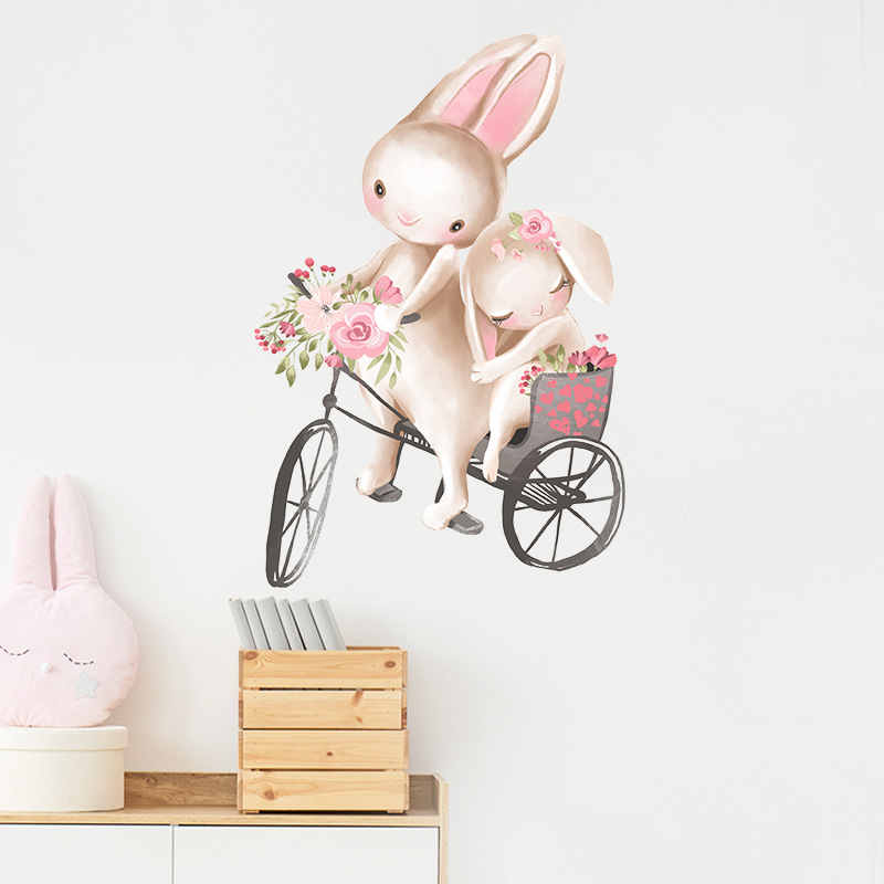 Cute Rabbit Cycling Couple Wall Stickers Children's Room Baby Room Decoration Stickers Girls Bedroom Wall Stickers