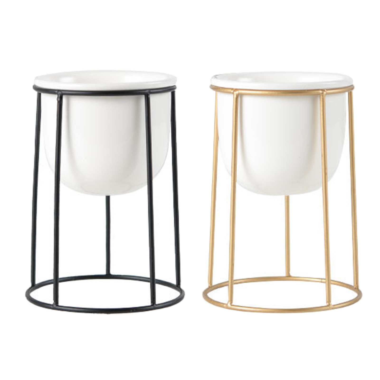 Modern White Ceramic Flower Pots with Iron Frame Stand Holder Home Decoration Succulent Plant Pot