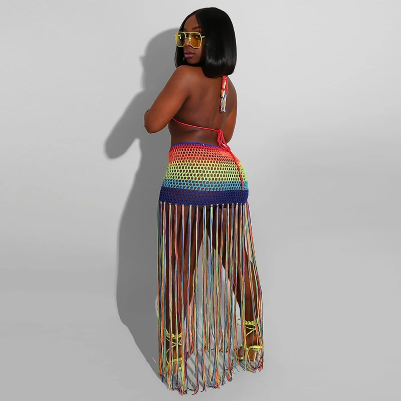 Summer Cover-Ups 2Pcs Beach Outfit Set Women Rainbow Crochet Lacing Halter Neck Backless Tops High-Waist Tassel Skirt for Female bathing suit wrap cover up