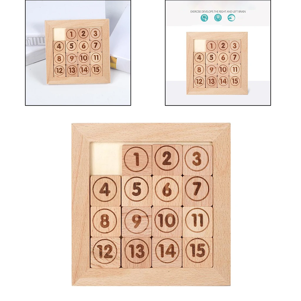 15 Sliding Tiles Puzzel Toy Math IQ Klotski Wooden for Adults Children