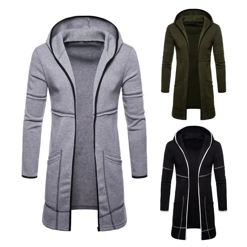 Hooded Long Sleeve Male Jacket Solid Color Autumn Winter Windproof Pockets Jacket Cardigan  Outerwear