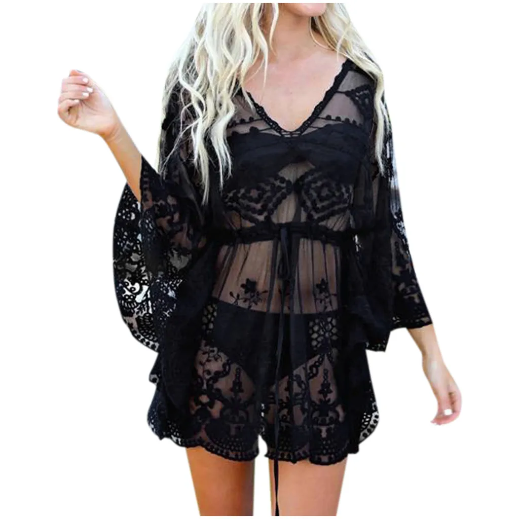 bathing suit coverups Lace Cover Up Ladies Beachwear Lace Mesh Embroidery Bikini Cover Up Holiday Beach Dress V-Neck Transparent Cover Up Swimwear bathing suit with matching cover up