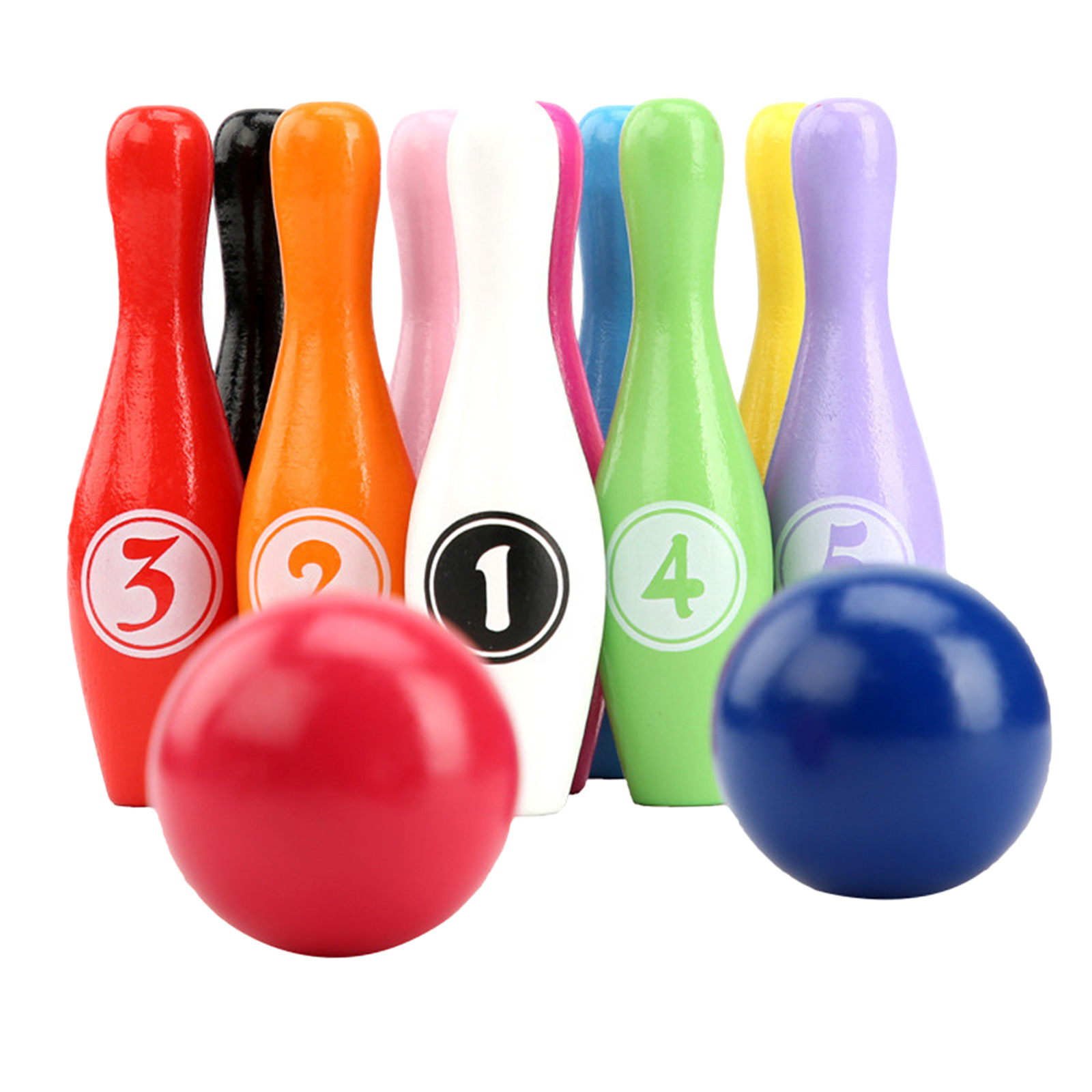 Wood Bowling Set 10 Pins + 2 Balls Develop Indoor Outdoor Sports Game Toy