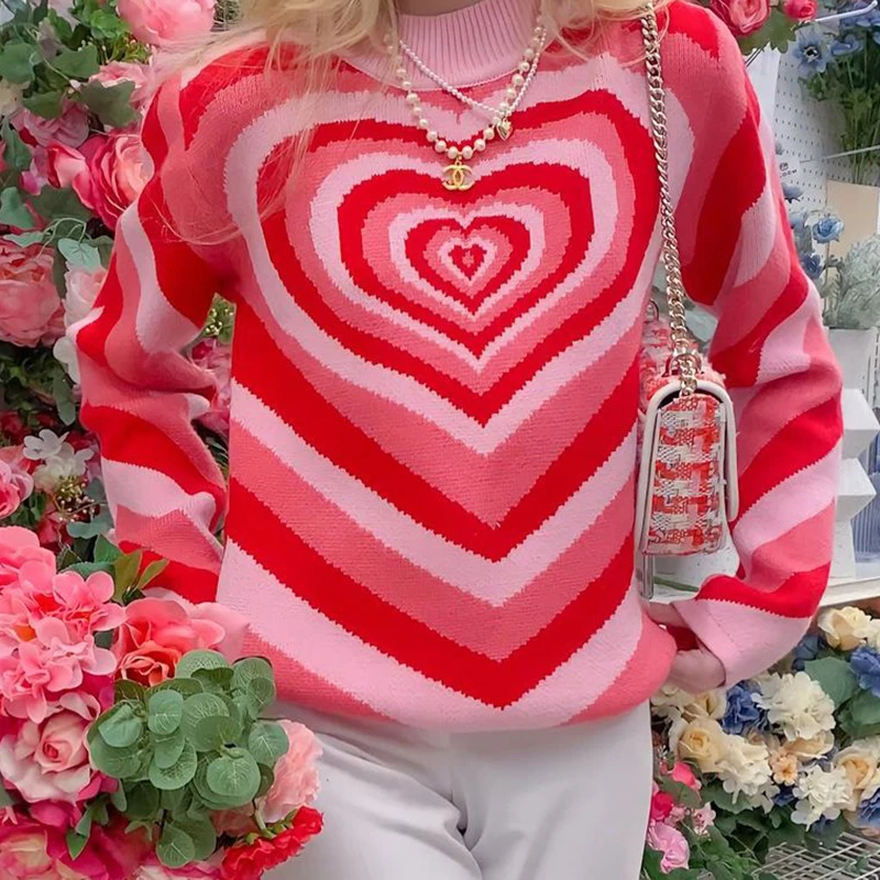 cropped cardigan woman sweaters Harajuku 90s Knitwear Autumn Y2K Aesthetics Heart Striped Turtleneck Pullovers E-girl Sweet Long Sleeve red sweater