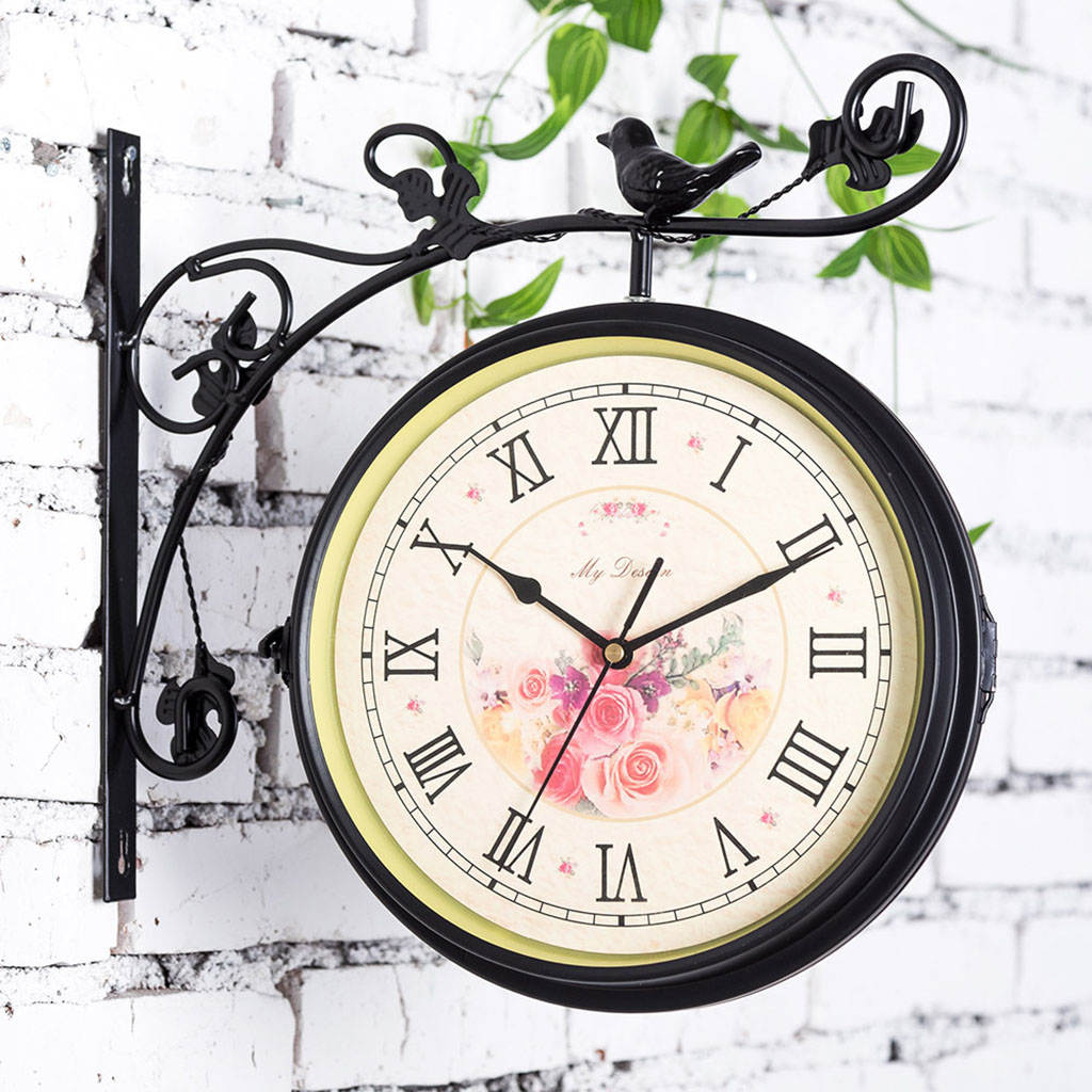 Iron Double Sided Retro Round Quiet Wall Hanging Clock Hotel Bar Garden Decor