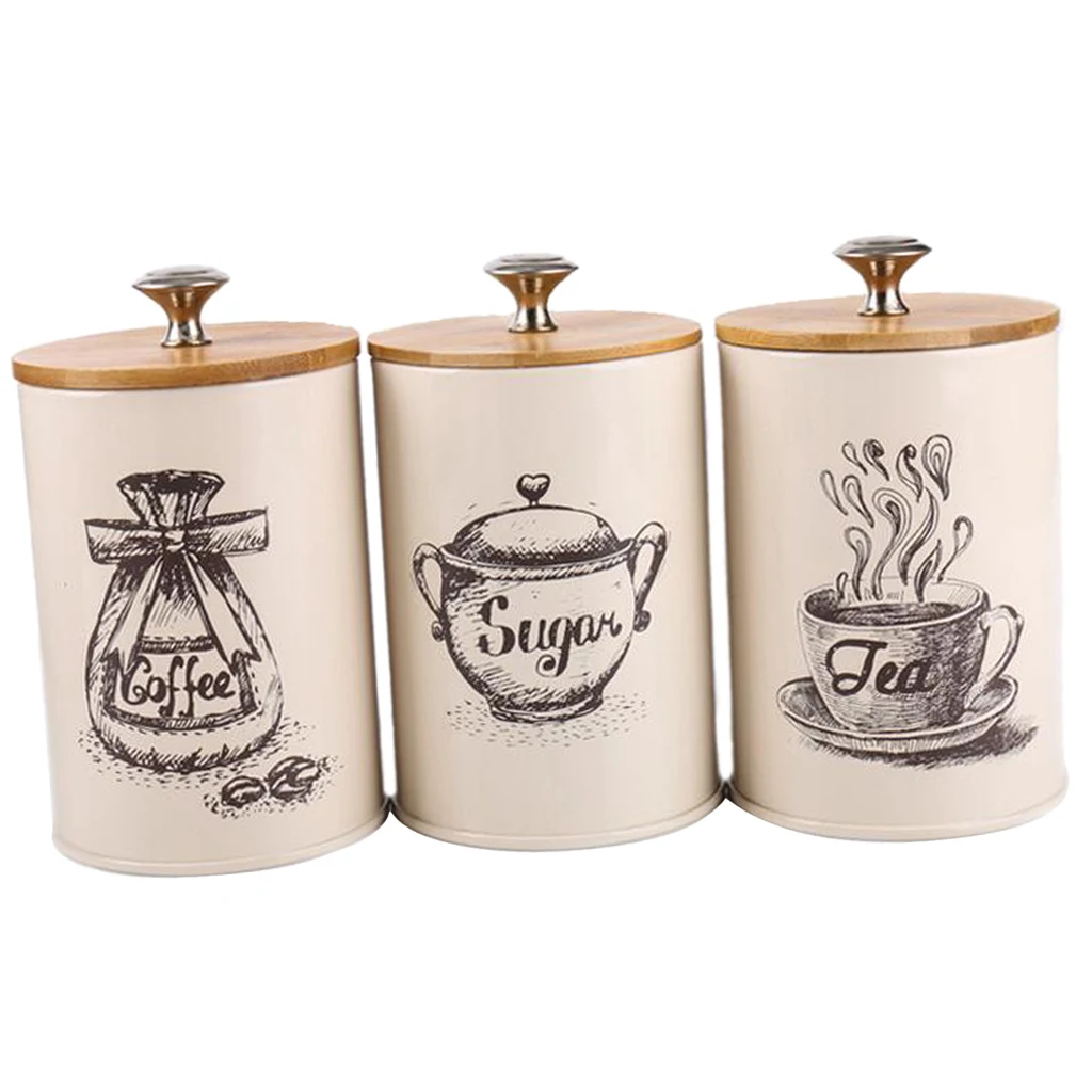 3Pcs Kitchen Storage Tins Canister Set Bamboo Lid Tea Coffee Sugar Bread Bin Jar
