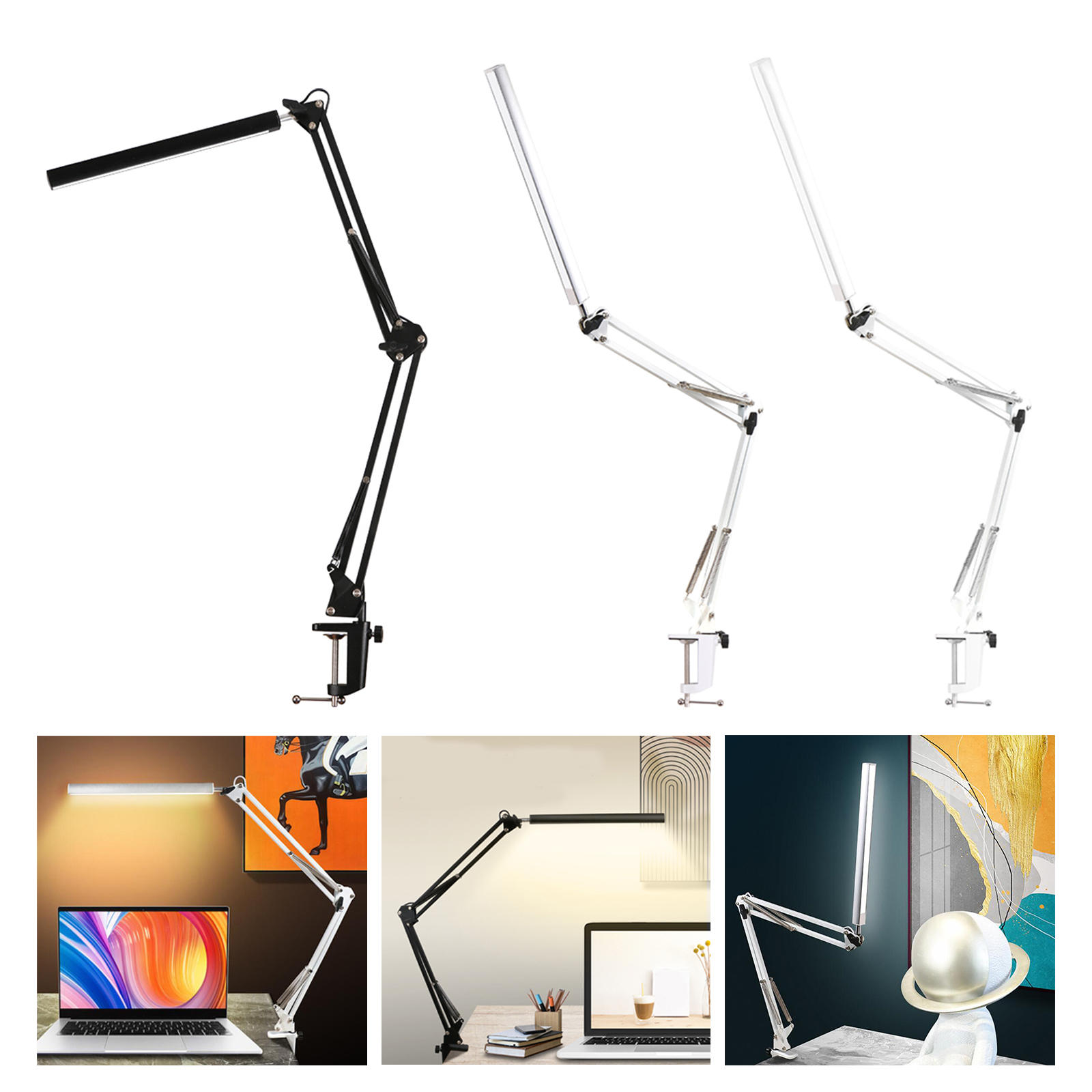 LED Desk Lamp with Clamp, Swing Arm Desk Lamp, Eye-Caring Dimmable Desk Light 10 Brightness Level, 3 Light Mode for Home Office