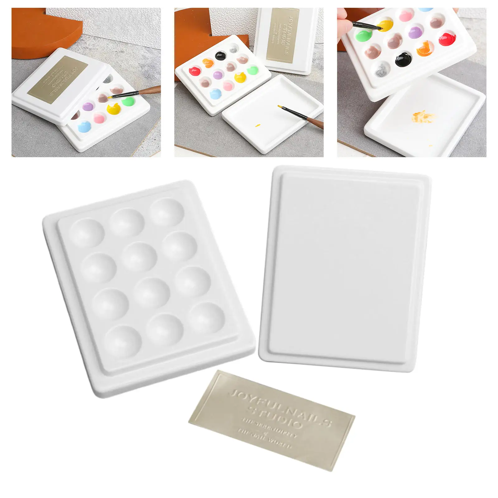12-Well Ceramic Gouache Watercolor Paint Palette with Lid Coloring Washable