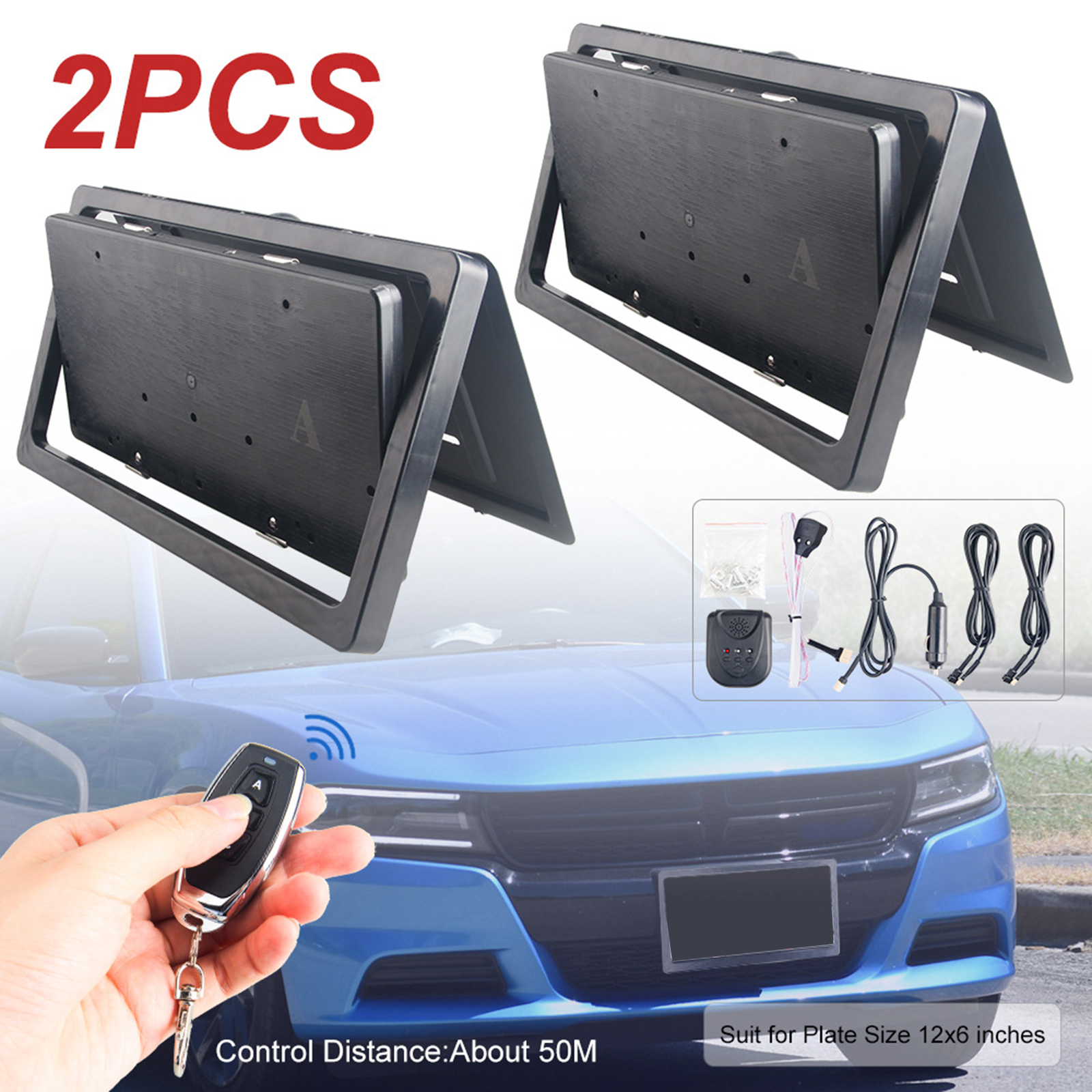 Universal 2x Car Remote Control Flip Hidden License Plate Frame Bracket Holder, Rust Proof & Waterproof
