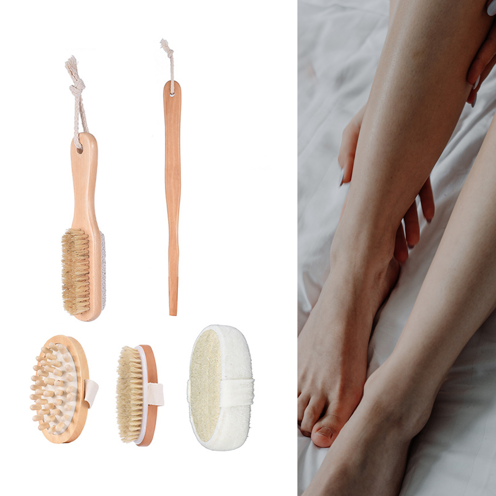 Bristle Bath Brush Set Exfoliating Promote Blood Circulation Massage Brush Wooden Body Dry Brush
