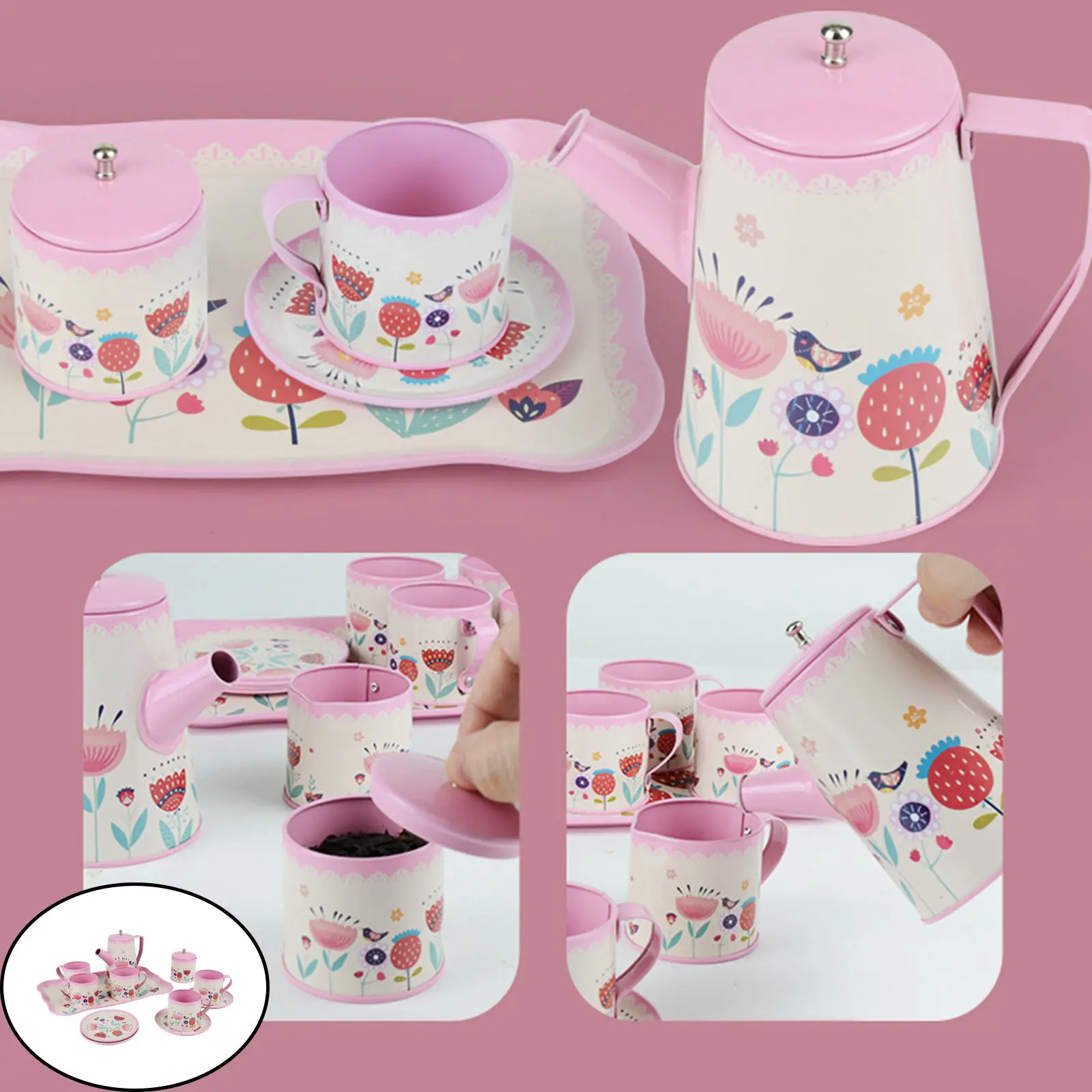 12x Kids Tin Tea Set Kitchen Toys Pretend Play Metal Role Play Simulation Teapot Teacup for Children Girls Holiday Gifts