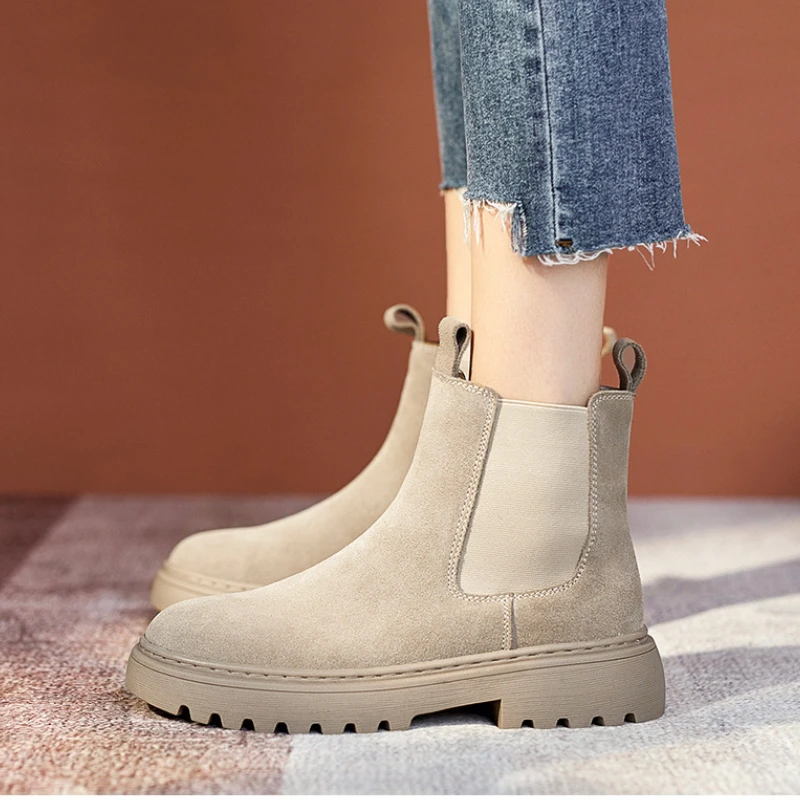 Chelsea Boots Chunky Boots Women Winter Shoes Cow Suede Ankle Boots Black Female Autumn Fashion Platform Booties