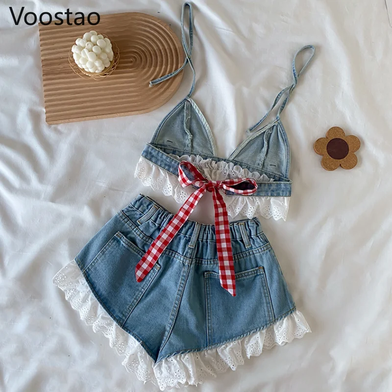 Summer Sweet Lolita Style Denim Shorts Sets Girls Sexy Lace Bandage Camisole Crop Tops Ruffles Jeans Short Pants Women 2PC Set crop top and skirt set