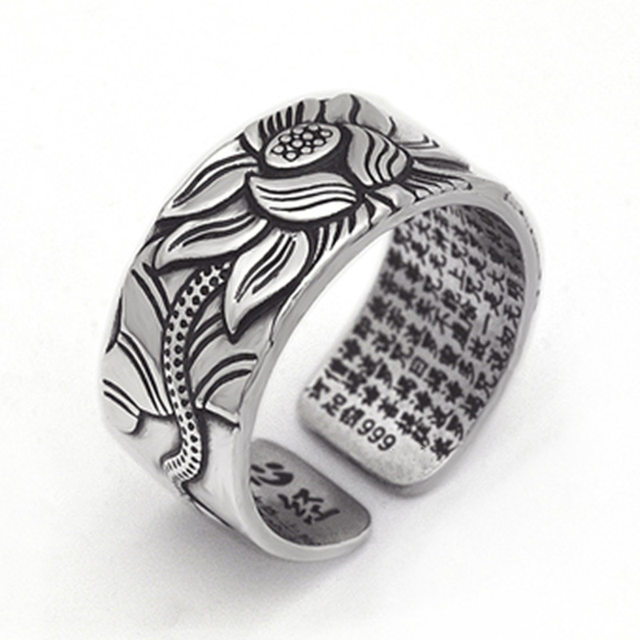 ARGENTO 800 ロザリオ シルバー Retro Ethnic Silver Color Lotus Heart Sutra Open Rings For