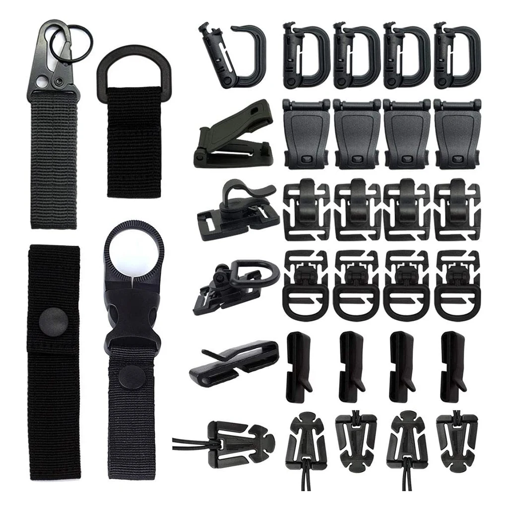 34Pcs Tactical Gear Clip Buckle Strap D-ring Hooks Keychain Strap for Molle Backpack Webbing Attachments Outdoor Tools
