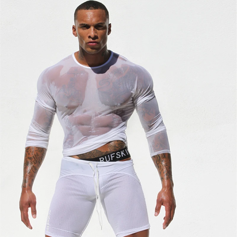 Hirigin Mens T Shirts Undershirt Gay clothing Nylon Mesh See Through Sheer Long Sleeves Tops Sexy transparent Thin Underwear