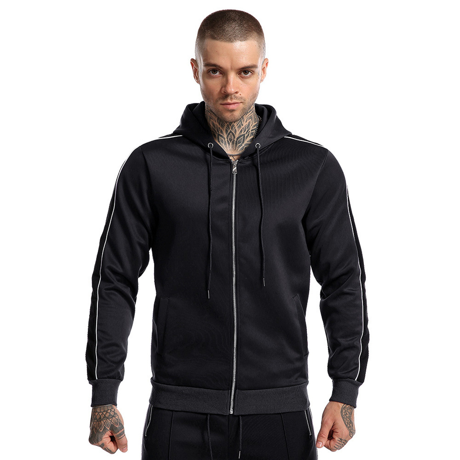 Men Tracksuit Hoodie With Pockets And Zip Solid Colour Patchwork Suit ...