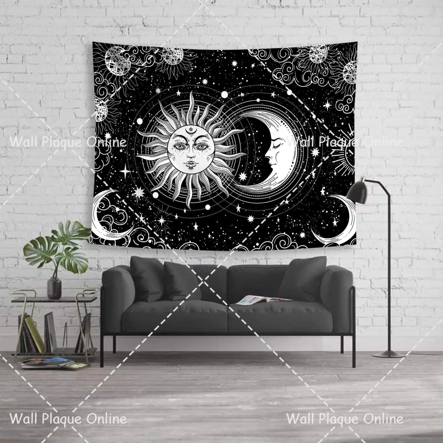 Sun and Moon Tapestry Burning Sun with Star Black and White Mystic Wall Hanging 