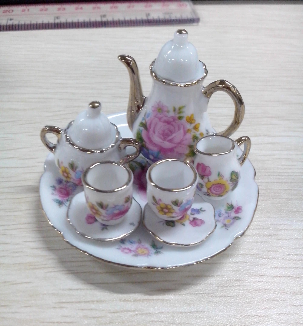 Dollhouse Miniature Porcelain Tea Set Dish Cup Flower Print 1/12 Acc Decor