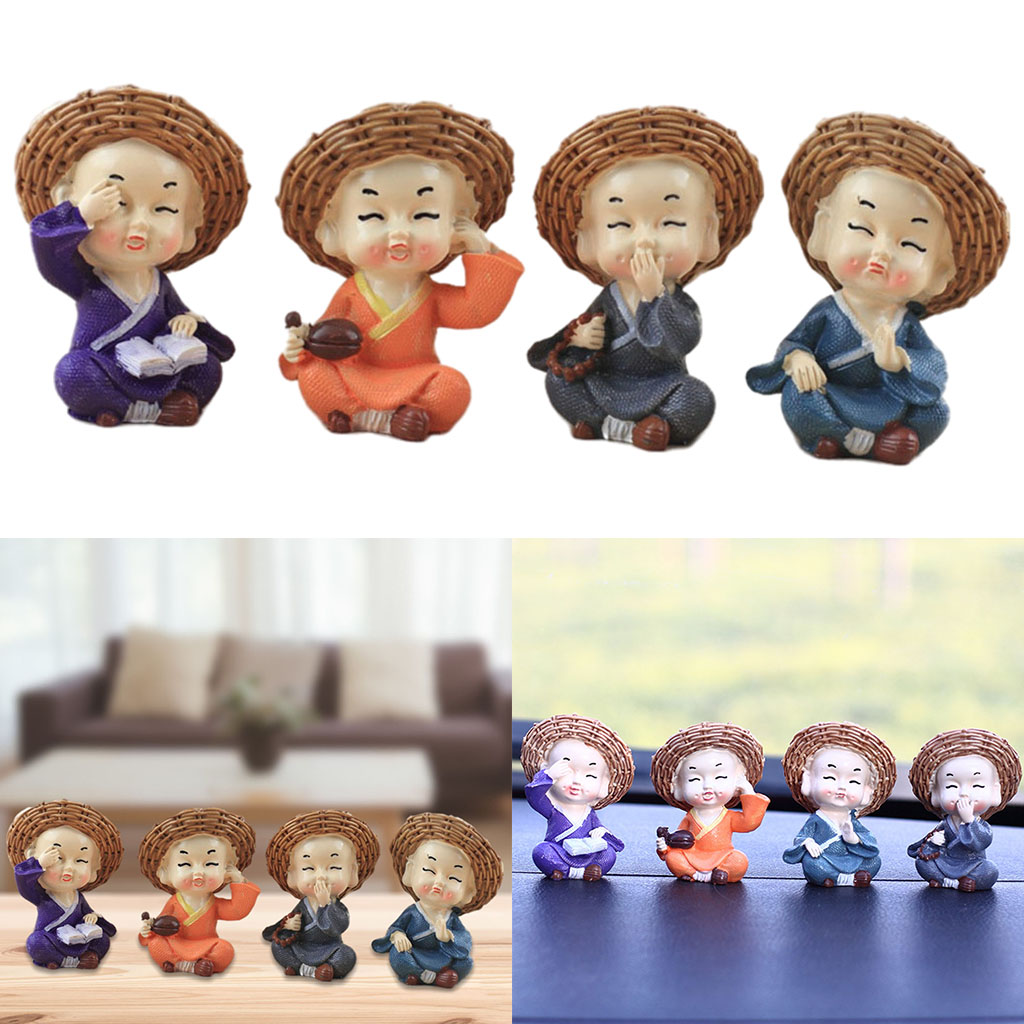 4pcs Car Ornaments Resin Cute Little Monk Figurine Doll Car Dashboard Decoration Buddha Home Car Interior Display Accessories