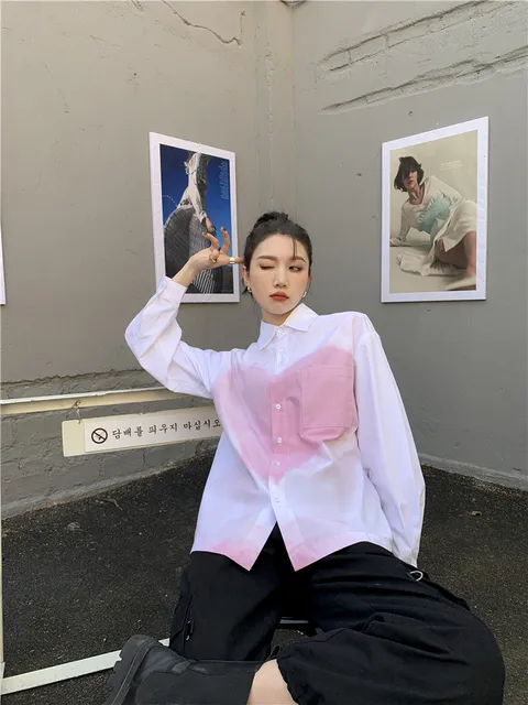 女性用長袖ブラウス,韓国の服,ホワイトカラー,ハートプリント