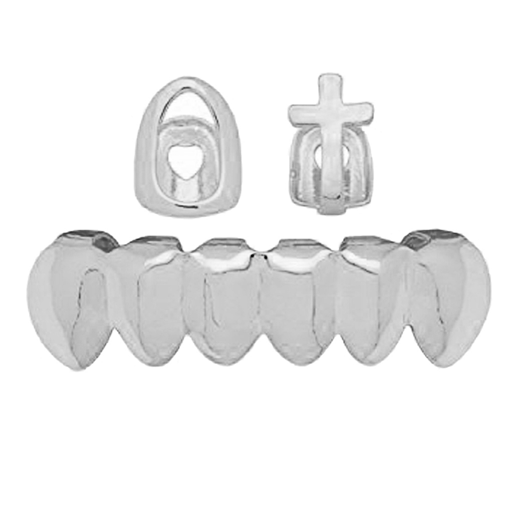 Bottom 6 Teeth Mouth Caps Punk Rock Grills 2 Top Single Fang Cross